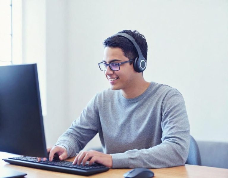 Un jeune homme portant un casque écoute de la musique en travaillant sur un ordinateur.