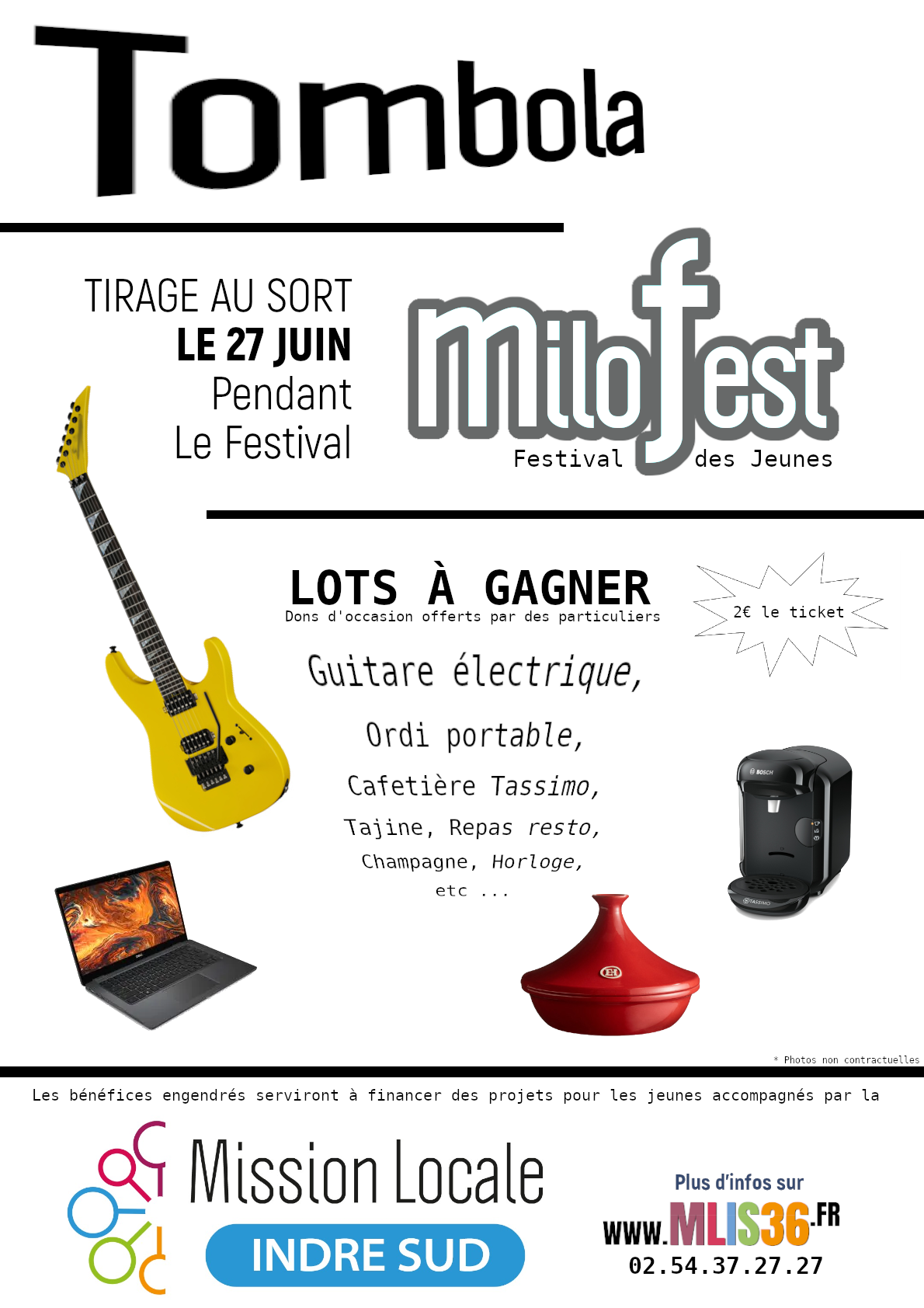 Affiche de tombola avec une guitare, lots à gagner et informations sur l'événement.