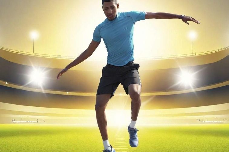 Un athlète en tenue de sport effectuant un saut sur un terrain lumineux.