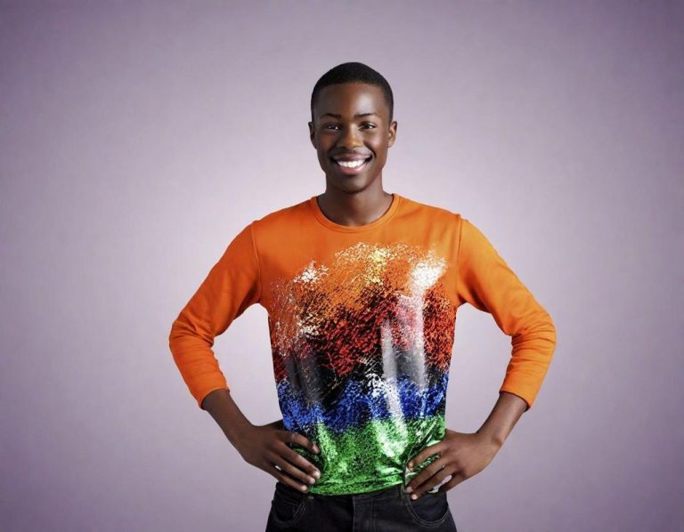 Homme souriant portant un pull orange avec un motif coloré.