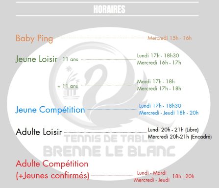 Horaires des activités pour divers groupes au Tennis de Table de Brenne le Blanc.