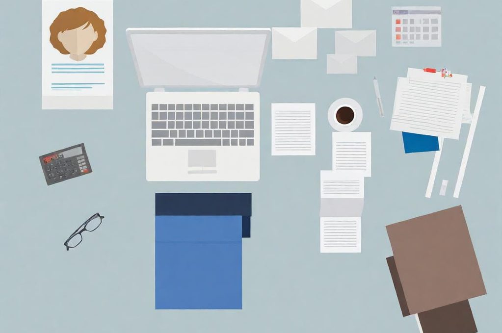 Bureau minimaliste avec papier, ordinateur portable, café et documents éparpillés.