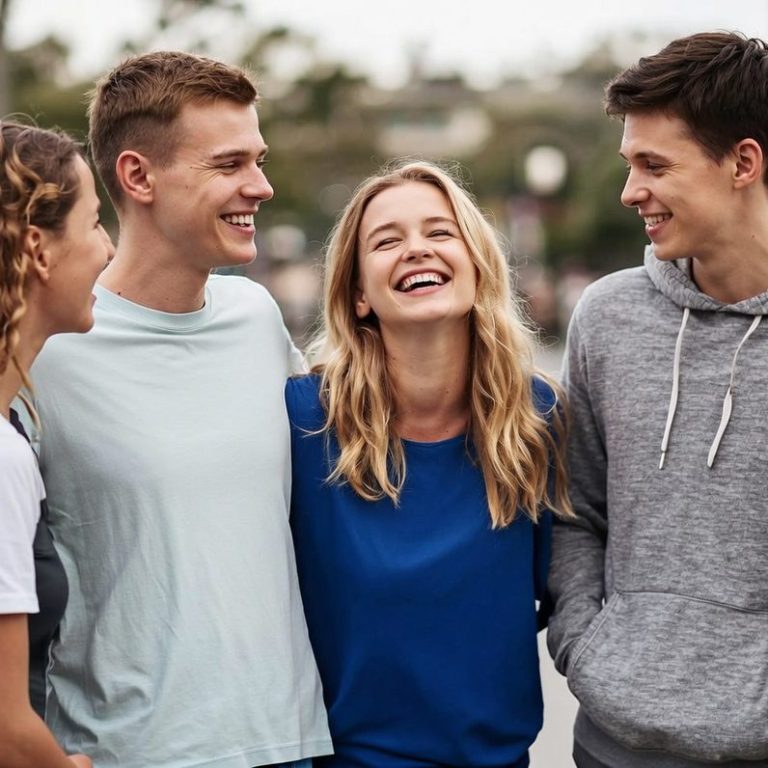 Quatre amis souriants discutent joyeusement en extérieur.