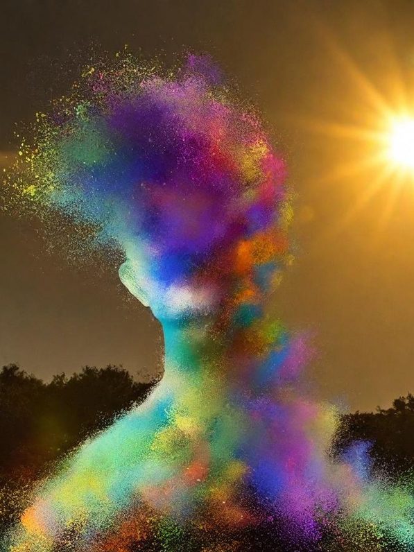 Silhouette colorée émergeant de la terre sous un soleil brillant, créant une atmosphère mystique.