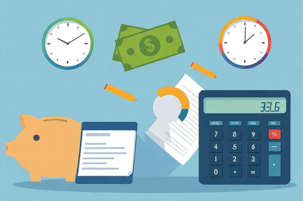 Éléments financiers : tirelire, argent, calculatrice, documents, horloges.