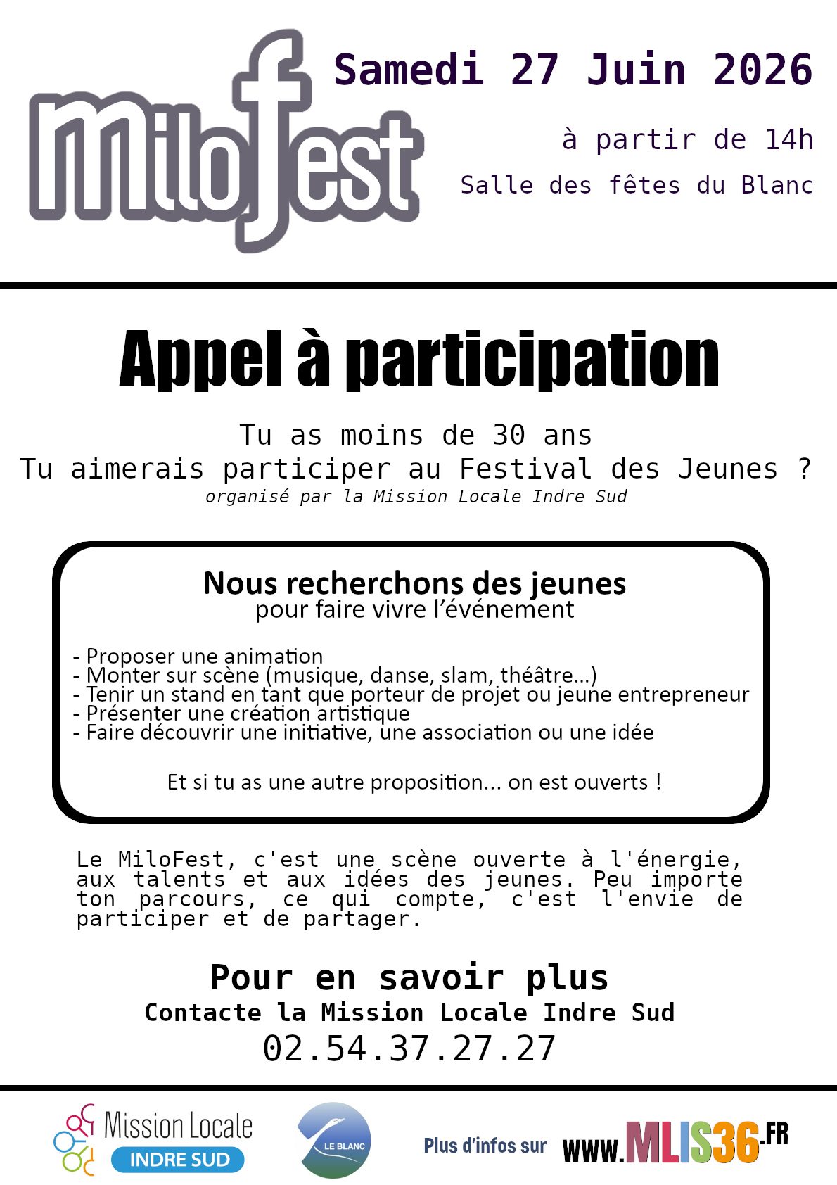 Affiche pour le MiloFest, appel à participation pour des jeunes artistes, date et contact inclus.