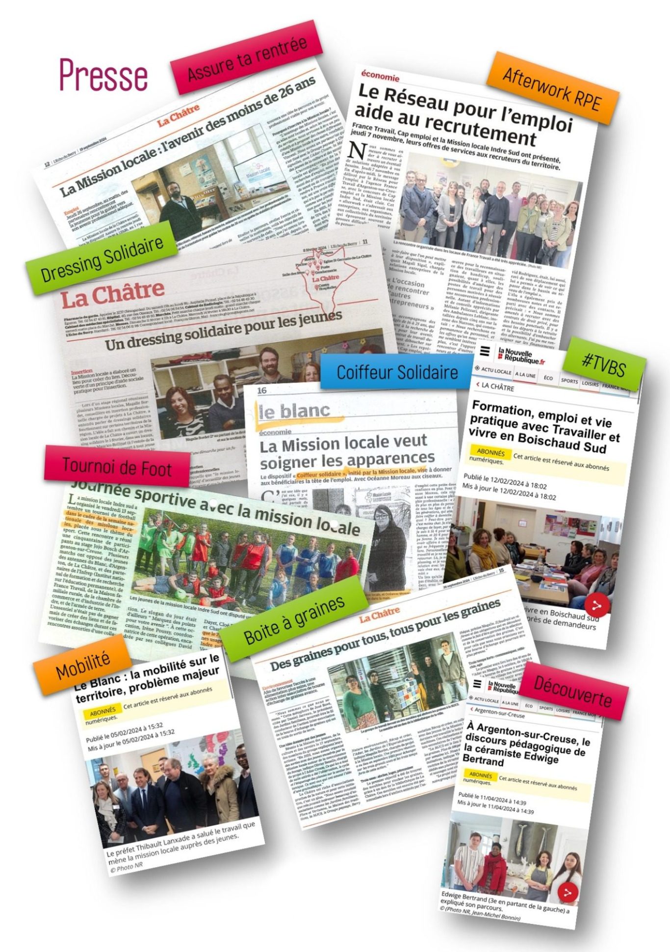 Collage de divers articles de presse sur un événement ou une initiative.