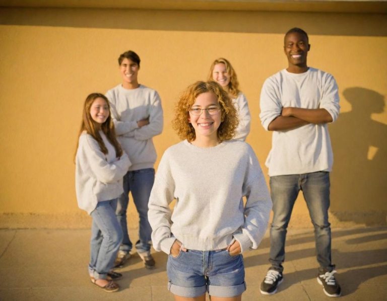 Cinq jeunes adultes souriants, en pull gris, devant un mur jaune.