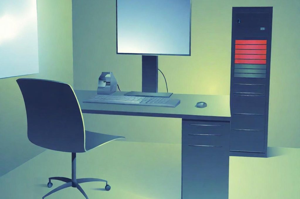 Bureau moderne avec un ordinateur, une chaise et un meuble de rangement noir.