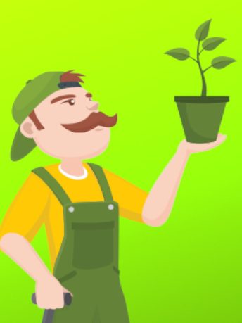 Homme de jardin avec une pelle, présentant une jeune plante dans un pot.
