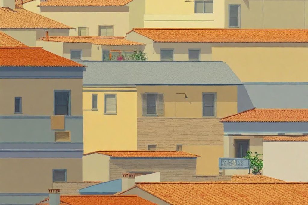 Vue de maisons aux teintes pastel avec toits rouges et fenêtres, dans un quartier tranquille.