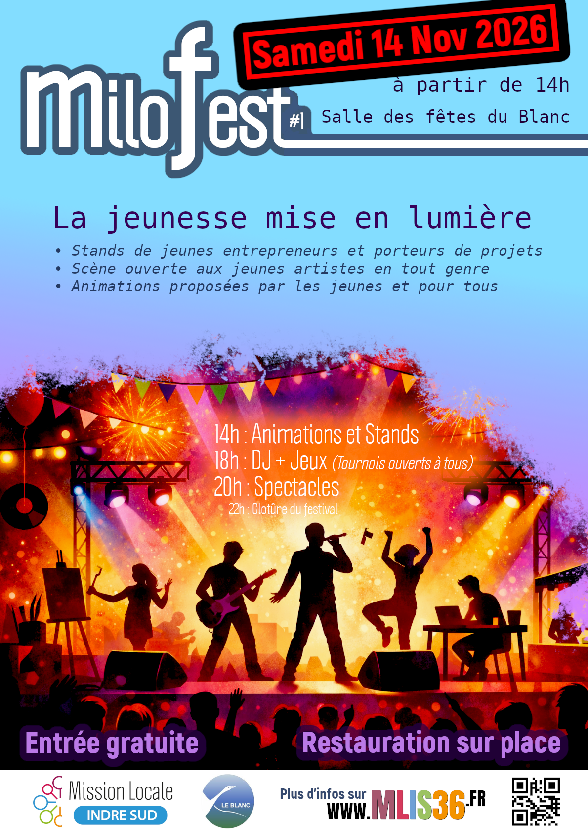 Affiche de MiloFest, avec des silhouettes sur scène et des informations sur l'événement.
