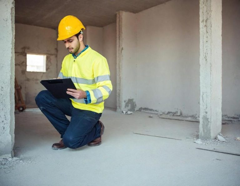 Homme en gilet de sécurité et casque, utilisant une tablette dans un bâtiment en construction.