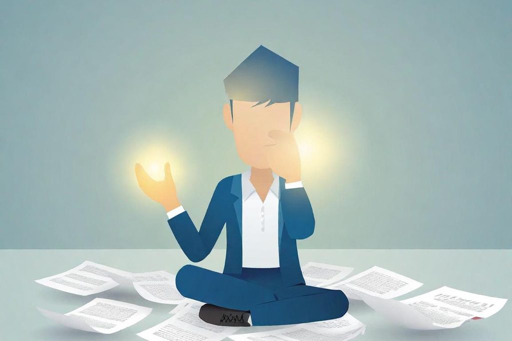 Personne méditant, assise parmi des papiers, avec des éclats de lumière aux mains.