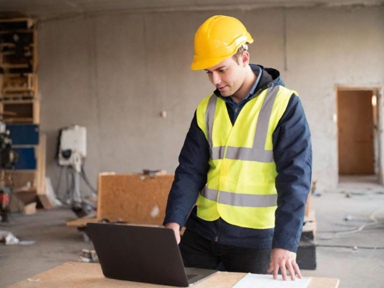 Homme en casque et gilet de sécurité utilisant un ordinateur portable sur un chantier.