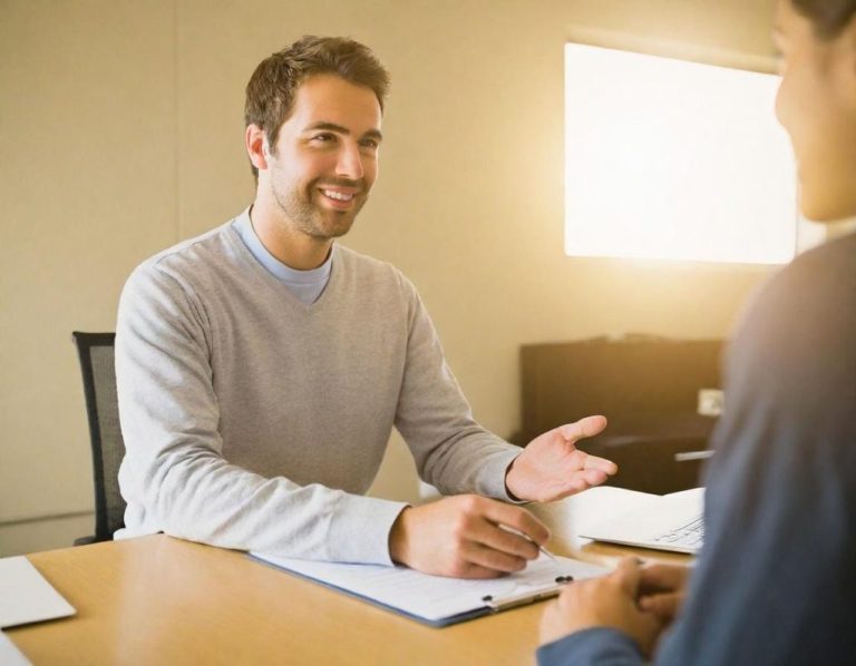 Homme souriant en discussion, assis à une table, avec une lumière douce en arrière-plan.
