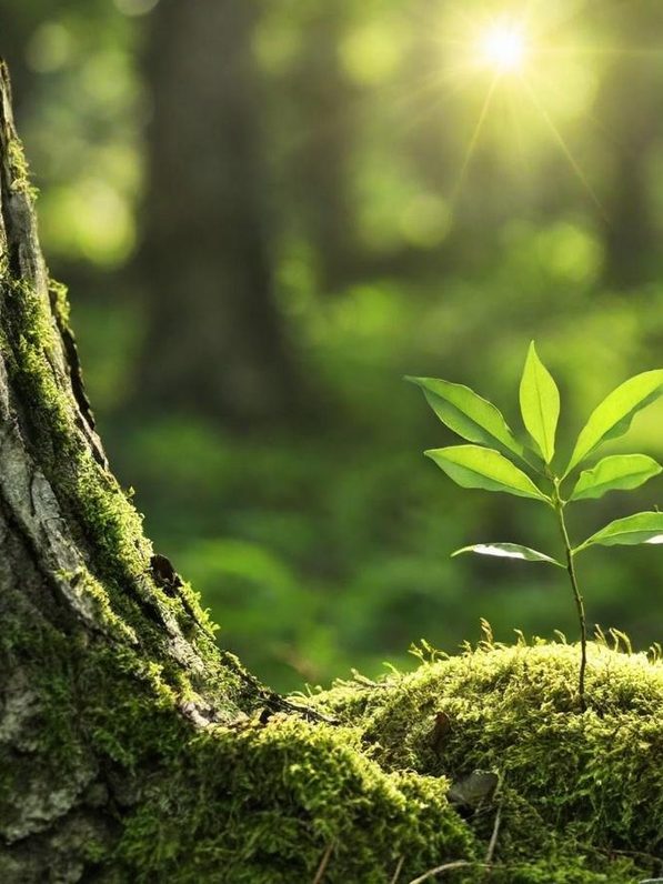 Jeune plante verte émergeant du sol, éclairée par la lumière du soleil à travers les arbres.