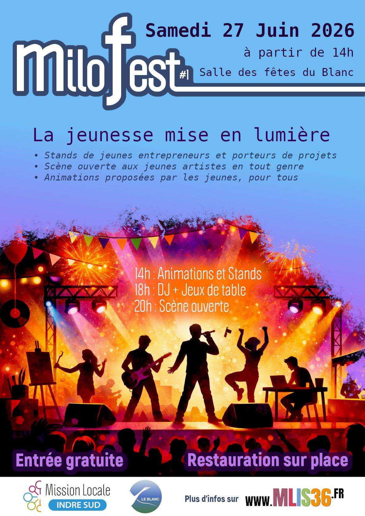 Affiche de MiloFest, avec des silhouettes sur scène et des informations sur l'événement.
