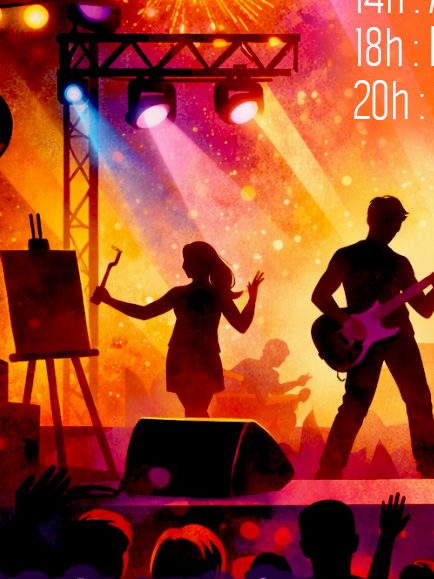 Silhouettes de musiciens et d'artistes en pleine performance, avec des lumières colorées.