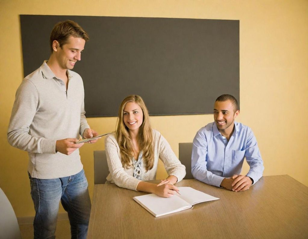 Trois personnes discutent autour d'une table, avec un tableau noir en arrière-plan.