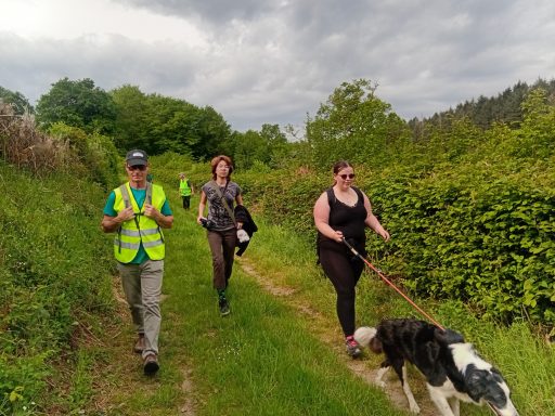 Trois personnes marchent sur un chemin, accompagnées d'un chien, sous un ciel nuageux.