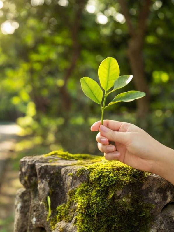 Une main tient une petite plante verte sur un rocher couvert de mousse.