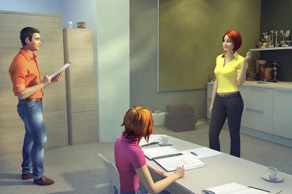 Trois personnes en réunion, une femme se tenant debout devant deux participants assis.