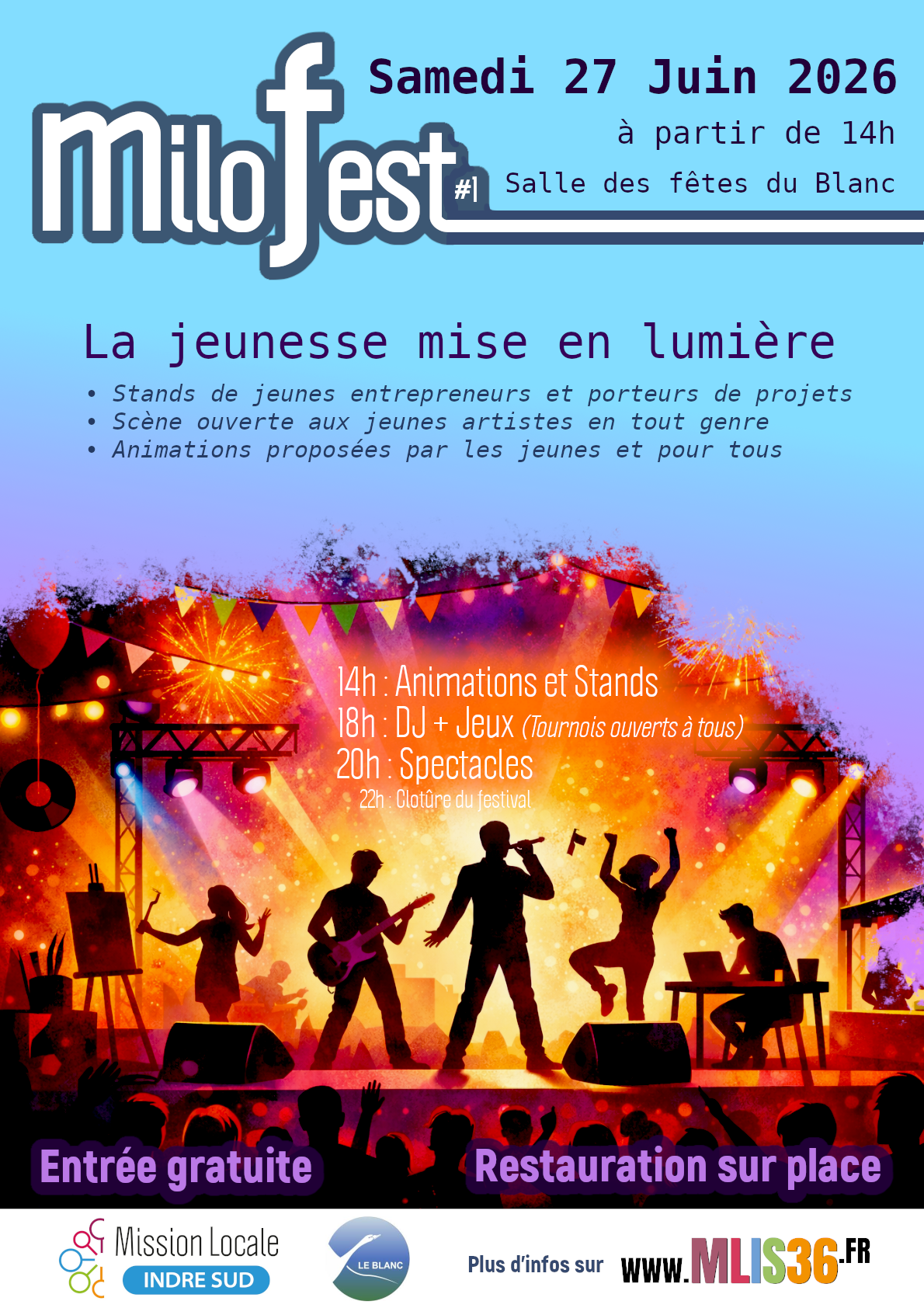Affiche de MiloFest, avec des silhouettes sur scène et des informations sur l'événement.