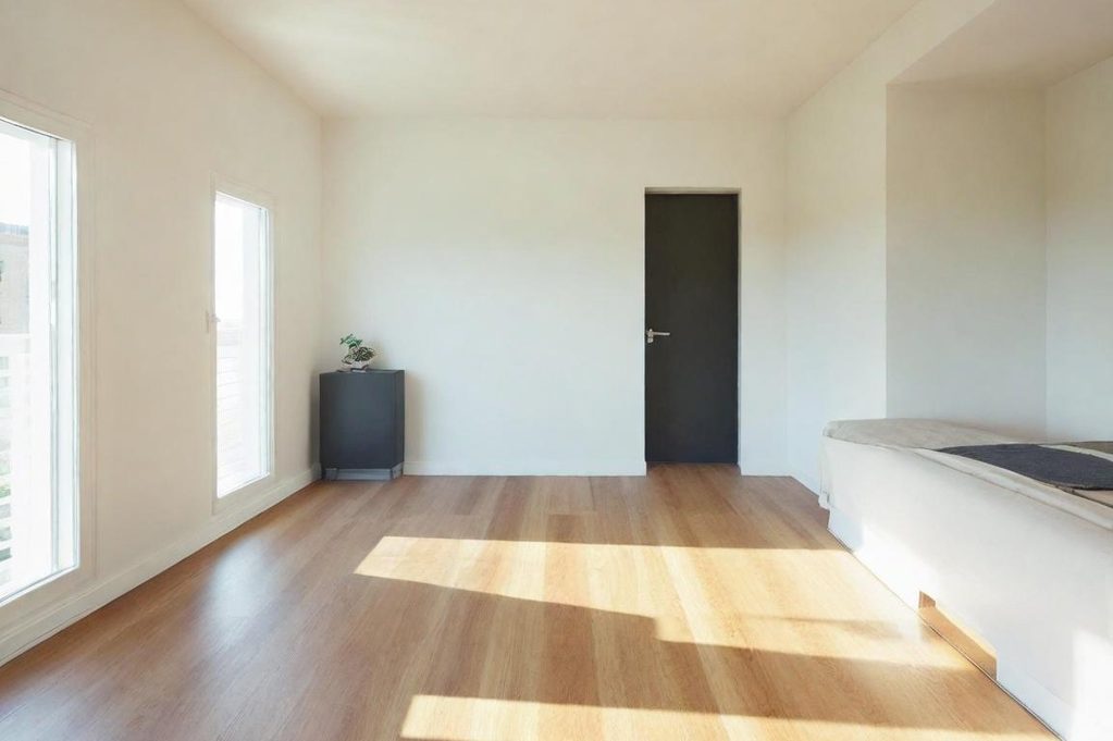 Intérieur moderne et lumineux avec un sol en bois et un mur blanc.