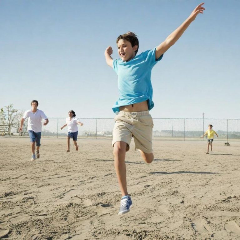 Des enfants courent joyeusement sur un terrain sablonneux sous un ciel ensoleillé.