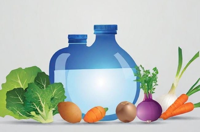 Gros bouquet de légumes frais avec des bouteilles d'eau et des œufs.