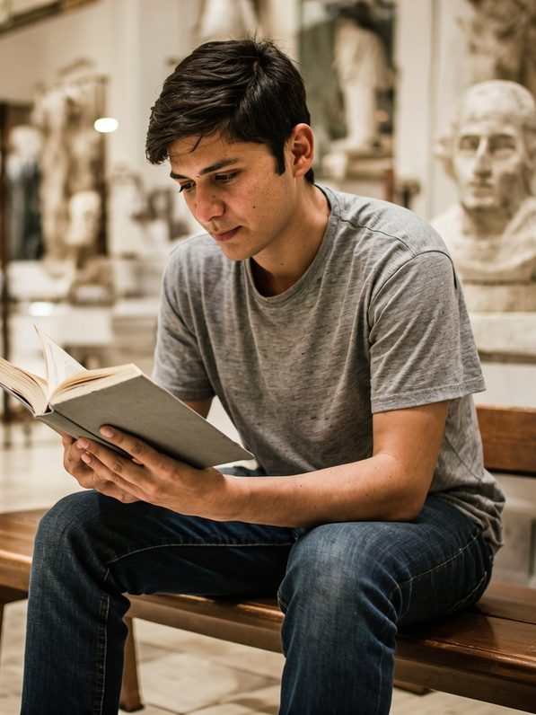 Un jeune homme lit un livre assis sur un banc, entouré de sculptures.