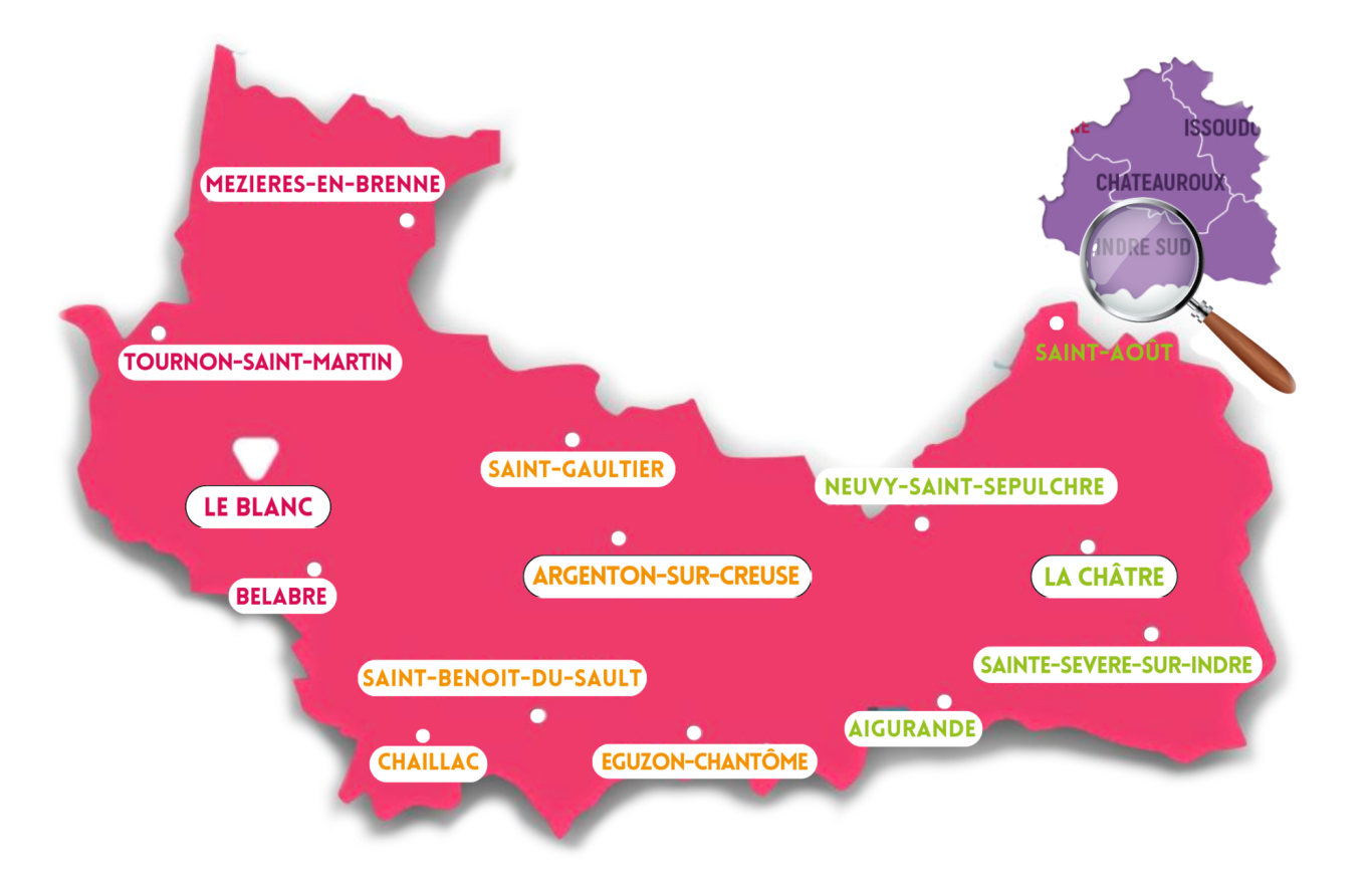 Carte stylisée de la région, avec des repères géographiques et des annotations colorées.