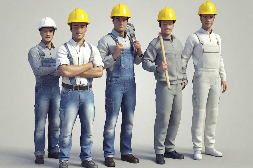 Cinq ouvriers en tenue de travail avec casques de sécurité, posant ensemble.