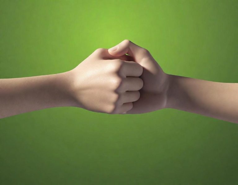 Deux mains se rejoignent en poing, sur fond vert.